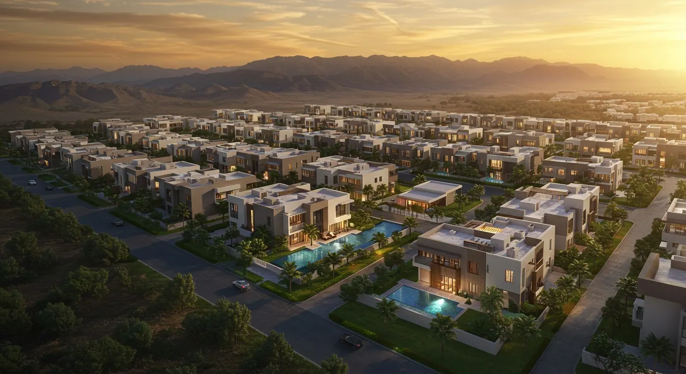 3D render of Dream Land villas at sunset