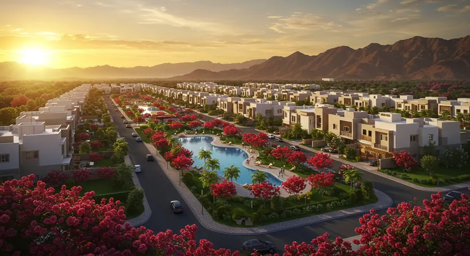 3D render of the Dream Land community in Taif at sunset