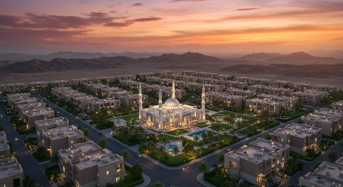 3D render of Dream Land with its mosque at dusk